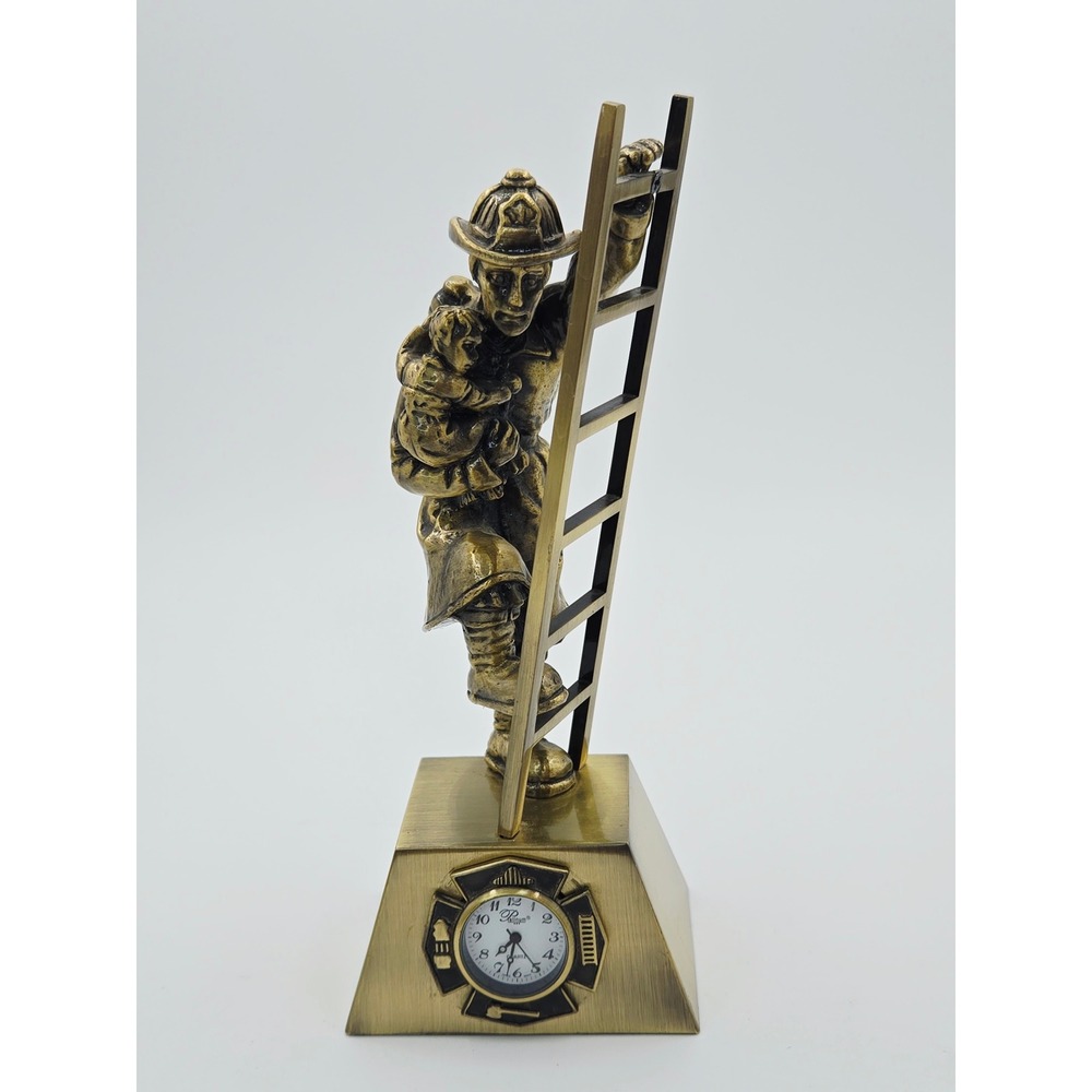 Firefighter Figurine Desk Clock Bronze‎ Fireman Ladder Rescue 6" Case China